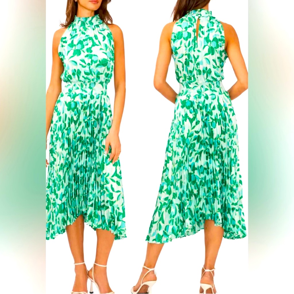 New Halogen Floral Pleated Sharkbite Hem Midi Dress Size Xl